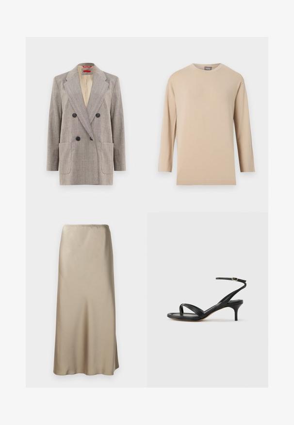 Dubbelzijdige blazer in lichtgrijs met een textuurstof, met afgeronde revers, twee voorkruiszakken en zwarte knopen. Binnenkant gevoerd met beige.; Beige T-shirt met lange mouwen en ronde hals, met een rechte zoom, afgebeeld tegen een effen witte achtergrond.; Satijnen midi-rok in lichtbeige met een elastische tailleband, een gladde textuur en een vloeiende A-lijn vorm. Geen zichtbare patronen of hardware.; Zwarte leren dames sandaal met dunne bandjes, een teengreep, een enkelgesp en een stilettohak van gemiddelde hoogte op een neutrale achtergrond.