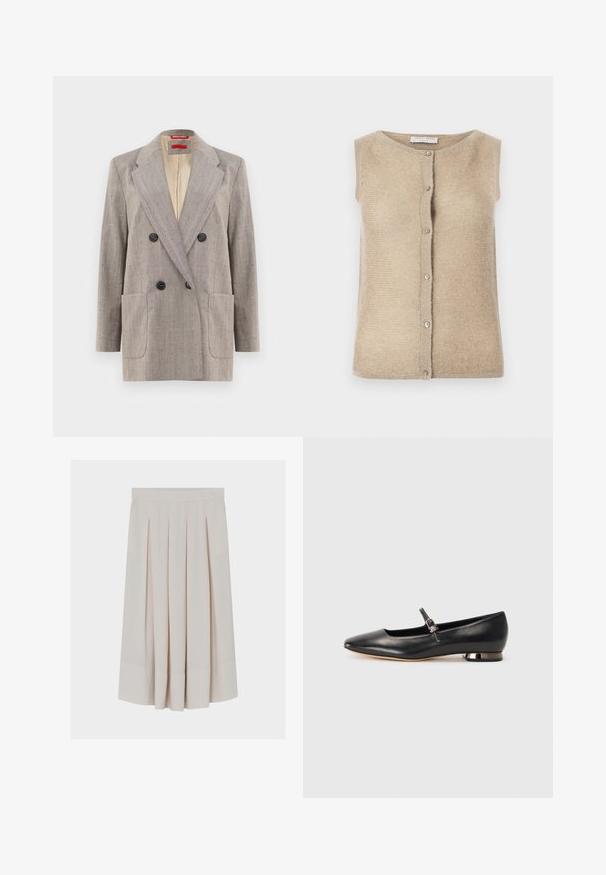 Blazer de doble botonadura en gris claro con tejido texturizado, solapas en pico, dos bolsillos frontales y botones negros. Interior forrado en beige.; Cárdigan sin mangas beige hecho de un suave material de punto, con cuello redondo y cierre frontal con botones en tono plateado.; Falda midi plisada de color beige claro con cintura plana y detalle discreto del logo en la parte superior central, mostrada sobre un fondo blanco.; Bailarina plana de cuero negro con punta afilada, minimalista correa en el tobillo y un pequeño tacón de bloque metálico. Textura suave, sin patrones visibles.