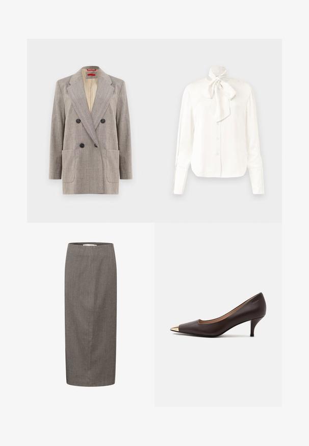 Blazer de doble botonadura en gris claro con tejido texturizado, solapas en pico, dos bolsillos frontales y botones negros. Interior forrado en beige.; Blusa blanca de manga larga en una tela ligera con un alto cuello y un gran lazo en el cuello, con cierre delantero de botones.; Falda lápiz de cuadros gris, de longitud media, diseño estructurado, textura suave, silueta ajustada, líneas limpias, sin cierres visibles.; Zapato de tacón bajo tipo kitten heel de cuero marrón oscuro con puntera metálica dorada puntiaguda sobre un fondo claro y liso.