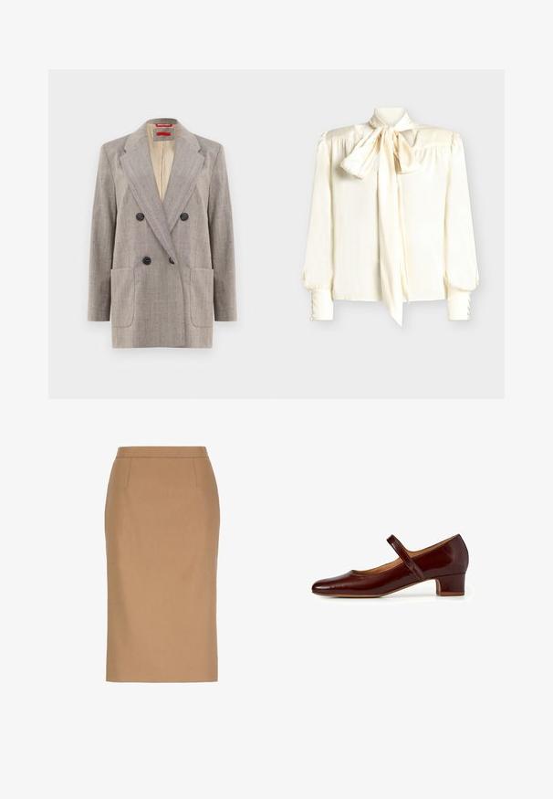 Dubbelzijdige blazer in lichtgrijs met een textuurstof, met afgeronde revers, twee voorkruiszakken en zwarte knopen. Binnenkant gevoerd met beige.; Crèmekleurige blouse met een strikboord, lange mouwen met knoopdetails bij de manchetten en een gladde, glanzende textuur.; Beige kokerrok tot op de knie met een hoge taille en subtiele naaddetails aan de voorkant.; Mary Jane schoen in diep bordeaux patentleer, met een ronde neus, een lage blokhak en een verstelbare band over de wreef.