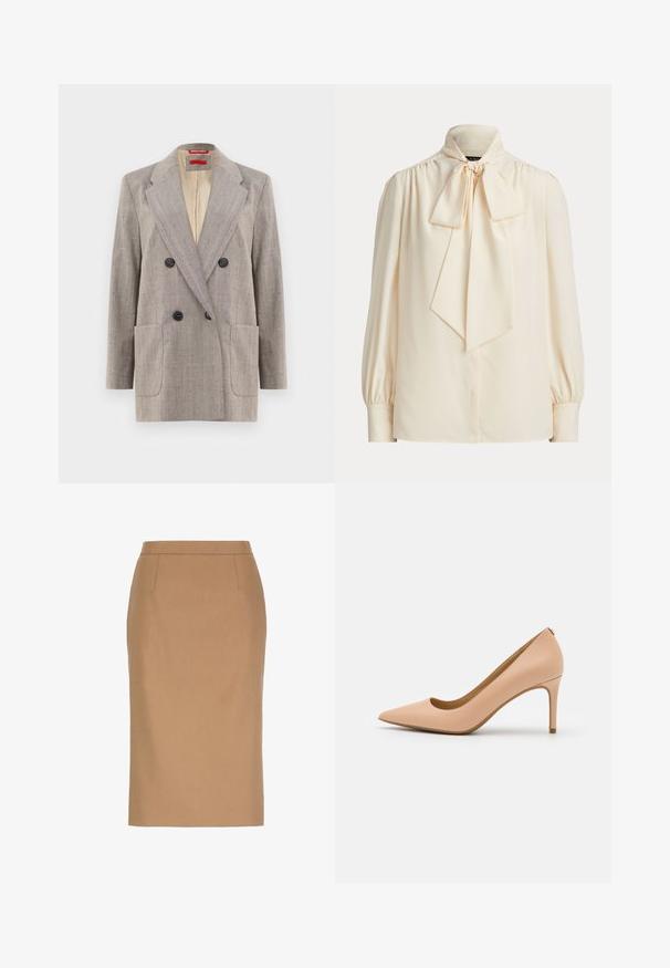 Blazer de doble botonadura en gris claro con tejido texturizado, solapas en pico, dos bolsillos frontales y botones negros. Interior forrado en beige.; Blusa de manga larga de color crema con cuello alto y gran lazo atado en el cuello, con hombros fruncidos y puños con botones.; Falda lápiz beige hasta la rodilla con cintura alta y sutiles detalles de costuras en la parte delantera.; Pumps nude de cuero con tacón alto y puntera en punta, textura suave y tacón delgado. Diseño minimalista con escote bajo.