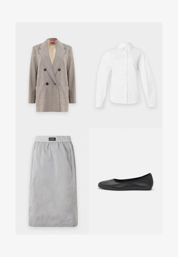 Dobbeltknappet blazer i lysegrå med tekstureret stof, vendte revers, to frontlommer og sorte knapper. Indersiden foret i beige.; Hvid skjorte med knapper lavet af glat bomuldsstof, med klassisk krave, lange ærmer og lige snit med knaplukning foran.; Grå, knælang nederdel lavet af letvægtsmateriale, med elastisk talje og sidelommer. Branded label "LPS" på taljen.; Sort læderballetsko med rund tå, glat tekstur, minimal syning og et fleksibelt såldesign.