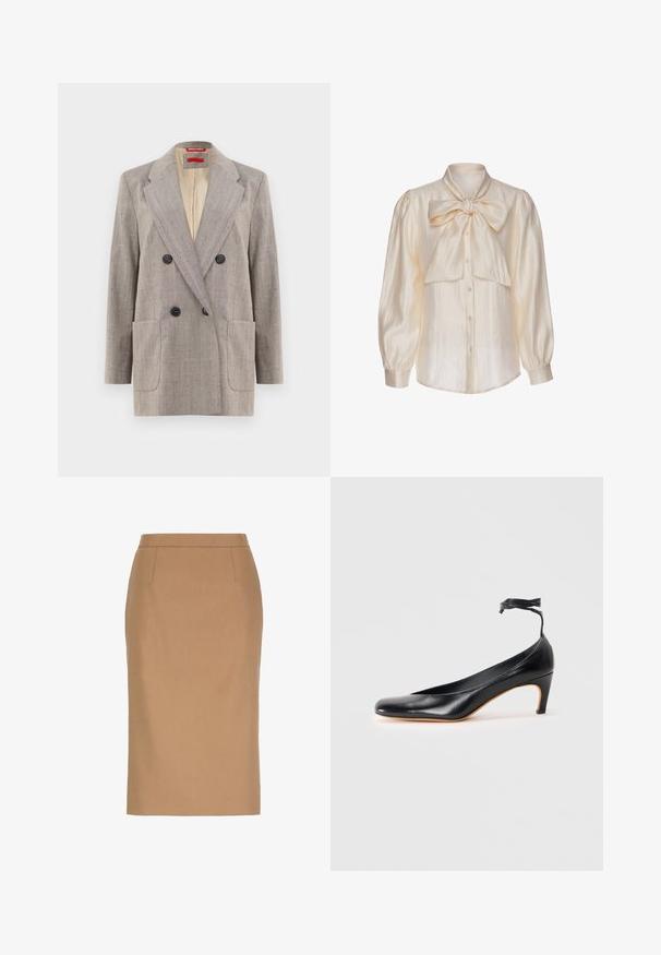 Dubbelzijdige blazer in lichtgrijs met een textuurstof, met afgeronde revers, twee voorkruiszakken en zwarte knopen. Binnenkant gevoerd met beige.; Crèmekleurige satijnen blouse met lange opgepofte mouwen, knoopsluiting aan de voorkant en een grote gestrikte strik bij de kraag.; Beige kokerrok tot op de knie met een hoge taille en subtiele naaddetails aan de voorkant.; Zwarte leren pump met een spitse neus, slanke hak en enkelbandje met een kwastaccent. Gladde textuur en slank ontwerp.