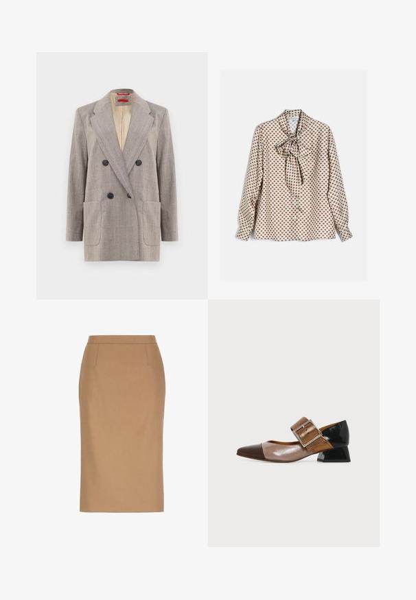 Dobbeltknappet blazer i lysegrå med tekstureret stof, vendte revers, to frontlommer og sorte knapper. Indersiden foret i beige.; Hvid bluse med lange ærmer med brunt firkantet mønster og stor bundet sløjfe ved halsudskæringen, vist på en flad overflade.; Beige knælængde blyantsnederdel med høj talje og subtile sømdetaljer foran.; Sko med spids tå, lav hæl, sort hæl, brun rem og sølvspænde samt farveopdelt front i mørkebrunt og beige laklæder.