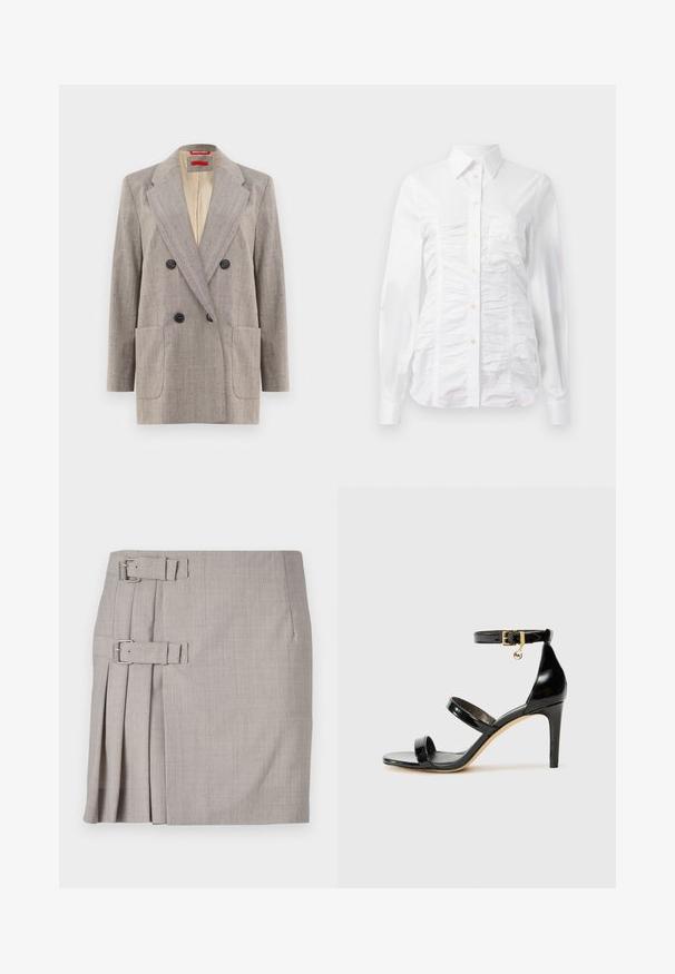 Dubbelzijdige blazer in lichtgrijs met een textuurstof, met afgeronde revers, twee voorkruiszakken en zwarte knopen. Binnenkant gevoerd met beige.; Witte button-up blouse met lange mouwen, voorzien van een gerimpelde textuur aan de voorkant, kleine gouden knopen en een standaard kraag.; Grijze rok met een gestructureerde stof, zijplooien en twee gespaccenten voor een verstelbare pasvorm. Klassieke rechte vorm, knie-lange ontwerp.; Zwarte gepatineerde leren sandaal met drie banden, enkelgesp en 10 cm hoge stiletto hak. Bevat gouden hardwaredetails en een logo charm.