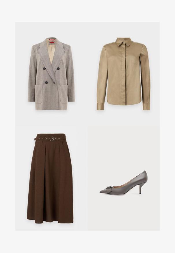 Blazer de doble botonadura en gris claro con tejido texturizado, solapas en pico, dos bolsillos frontales y botones negros. Interior forrado en beige.; Camisa beige de manga larga con botones, cuello puntiagudo y botones delanteros ocultos, mostrada sobre un fondo claro liso.; Falda midi de línea A de color marrón oscuro con cintura alta, pliegues, trabillas para cinturón y cinturón a juego con hebilla plateada.; Zapato de tacón gris de cuero con punta puntiaguda, tacón de altura media tipo kitten y detalle de hebilla plateada en la parte delantera, visto de lado sobre fondo blanco.