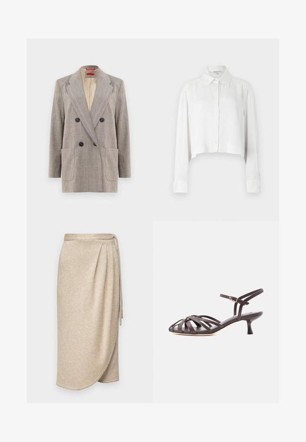 Dobbeltknappet blazer i lysegrå med tekstureret stof, vendte revers, to frontlommer og sorte knapper. Indersiden foret i beige.; Hvid cropped skjorte med lange ærmer, knaplukning foran og klassisk krave. Glat stof med strukturerede manchetter og minimalistisk design.; Beige indpakningsskørt lavet af blødt, tekstureret stof med en subtil glans. Har en knyttet talje og draperet design med en kant, der buer blidt.; Mørkebrun læder sandal med smalle remme, kitten heel og justerbar ankelrem med spænde på hvid baggrund.