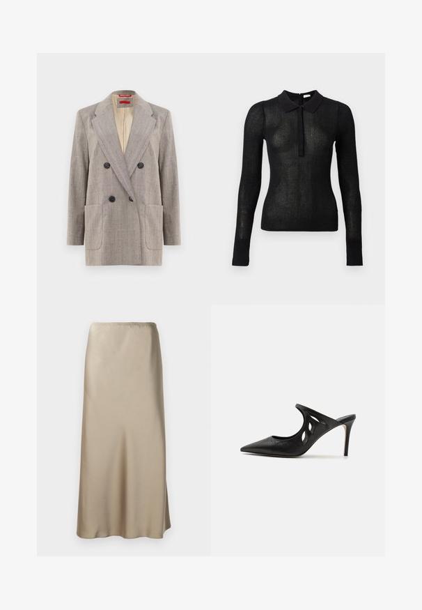 Dobbeltknappet blazer i lysegrå med tekstureret stof, vendte revers, to frontlommer og sorte knapper. Indersiden foret i beige.; Sort, langærmet tætsiddende striktrøje med gennemsigtig tekstur og solid krave, knaplukning foran, vist på en ensfarvet baggrund.; Satin midi nederdel i lys beige med elastisk talje, glat tekstur og en flydende A-form. Ingen synlige mønstre eller hardware.; Sorte læder højhælede mules med spids tå, udskåret sideskærm og glat tekstur. Stiletthæl og subtil syning.