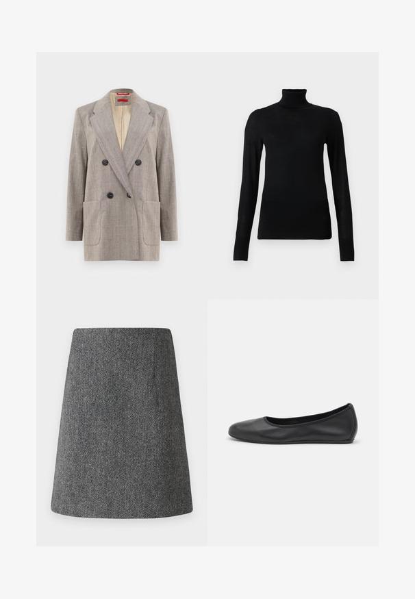 Dubbelzijdige blazer in lichtgrijs met een textuurstof, met afgeronde revers, twee voorkruiszakken en zwarte knopen. Binnenkant gevoerd met beige.; Zwarte coltrui van zacht, lichtgewicht materiaal. Voorzien van lange mouwen en een aansluitend ontwerp met een hoge kraag.; Grijze visgraatrok met een uitlopende A-lijn vorm, gemaakt van textiel met structuur. Kenmerkt zich door een nette tailleband en geen zichtbare hardware of accenten.; Zwarte leren ballerina met een ronde neus, gladde textuur, minimale stikdetails en een flexibele zoolontwerp.
