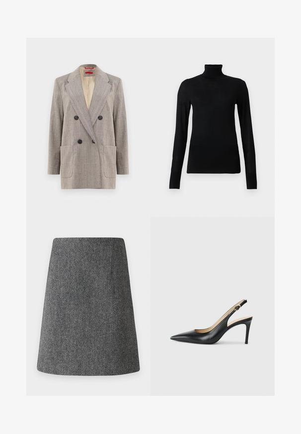 Dubbelzijdige blazer in lichtgrijs met een textuurstof, met afgeronde revers, twee voorkruiszakken en zwarte knopen. Binnenkant gevoerd met beige.; Zwarte coltrui van zacht, lichtgewicht materiaal. Voorzien van lange mouwen en een aansluitend ontwerp met een hoge kraag.; Grijze visgraatrok met een uitlopende A-lijn vorm, gemaakt van textiel met structuur. Kenmerkt zich door een nette tailleband en geen zichtbare hardware of accenten.; Zwarte leren slingback-hakken met een spitse neus, verstelbare band en een elegante stiletto-hak, met een gladde afwerking.