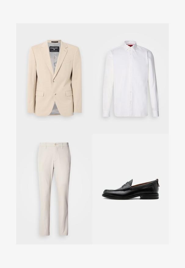 Beige blazer i blødt stof, to forlommer, klapkraver, enkelt knaplukning og en glat grå foring.; Hvid langærmet skjorte lavet af bomuld, med en klassisk krave, frontplacket med knapper og en glat tekstur. Rød detalje på den indre krave.; Beige bukser med slim fit, der har en frontknaplukning, flad frontdesign og lige ben, lavet af glat bomuldsblandingsstof.; Sort læder herre loafer med moc-tå syning, penny strop, struktureret krave og lav stablet hæl på hvid baggrund.