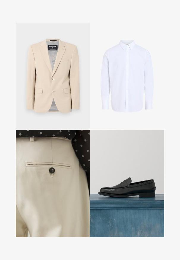 Beige blazer i blødt stof, to forlommer, klapkraver, enkelt knaplukning og en glat grå foring.; Hvid, langærmet skjorte med knapper, klassisk krave, lavet af glat stof, med knapstolpe foran og afrundet kant.; Beige bukser i tekstureret stof med en baglomme, lukket med en sort knap. Subtile syninger langs lommen.; Sorte læderloafers med et slankt design, der har syning ved tåen og en glat finish. Skoen har en lav hæl og minimal udsmykning.