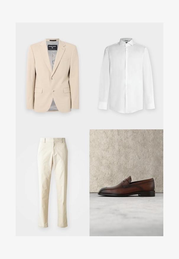 Beige blazer i blødt stof, to forlommer, klapkraver, enkelt knaplukning og en glat grå foring.; Hvid skjorte med lange ærmer, spids krave og knaplukning foran på en lys grå baggrund.; Lys beige skræddersyede bukser med et tekstureret mønster, lige pasform og medium høj talje, der har bæltestropper og ingen synlige lommer.; Brun læder herreloafer med perforeret front og spænde-detalje, placeret over beige tæppe, med et rundt blankt brunt bord i baggrunden.