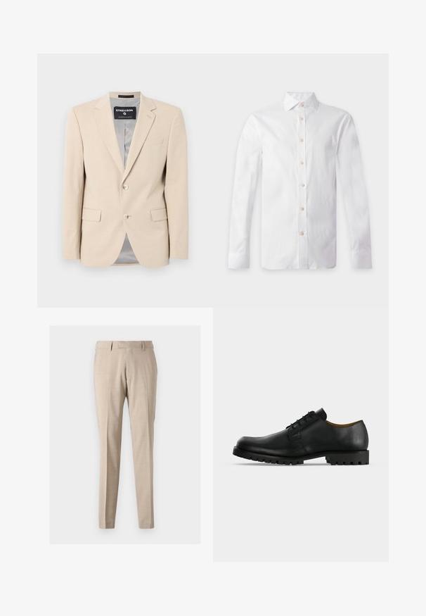 Blazer beige con una tela suave, dos bolsillos frontales, solapas de muesca, cierre de un solo botón y un forro gris liso.; Camisa blanca de vestir de manga larga con botones beige, cuello puntiagudo y puños con botones, mostrada plana sobre un fondo claro.; Pantalones tapered beige confeccionados en tejido ligero, con pliegues frontales, dos bolsillos laterales y una textura suave.; Zapato de vestir negro de cuero con cordones, suela gruesa y acanalada y tacón bajo mostrado sobre fondo blanco.