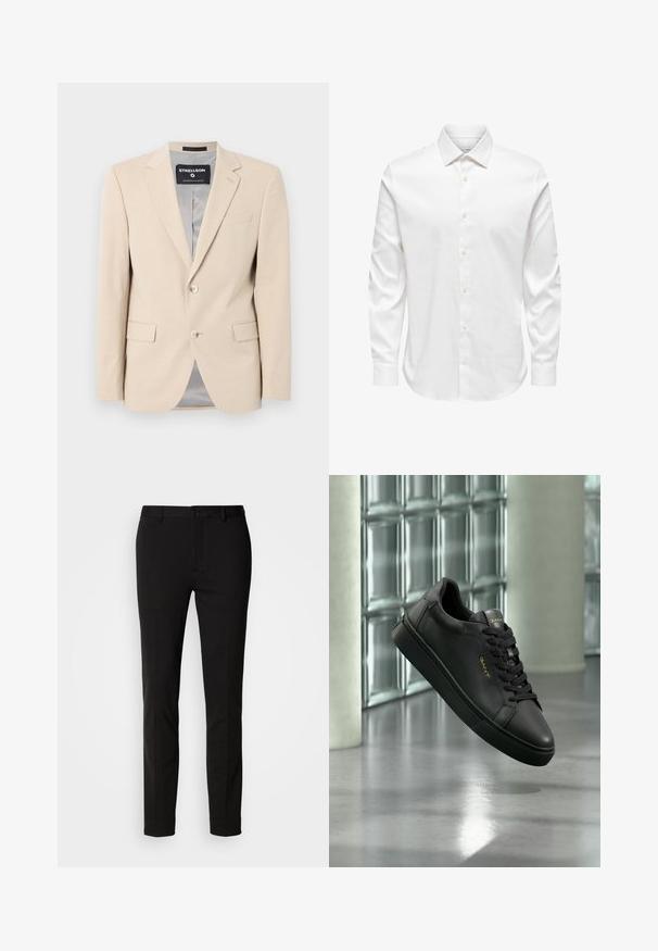 Beige blazer i blødt stof, to forlommer, klapkraver, enkelt knaplukning og en glat grå foring.; Hvid herreskjorte med lange ærmer, spids krave og række af hvide knapper foran på ensfarvet baggrund.; Sorte bukser med slim fit, der har knaplukning og bæltestropper. Lavet af glat stof med en let glans, uden synlige mønstre.; Sort læder-sneaker med sorte snørebånd og gyldent GANT-logo, der svæver indendørs på en poleret betongulv nær en væg af glasblokke.