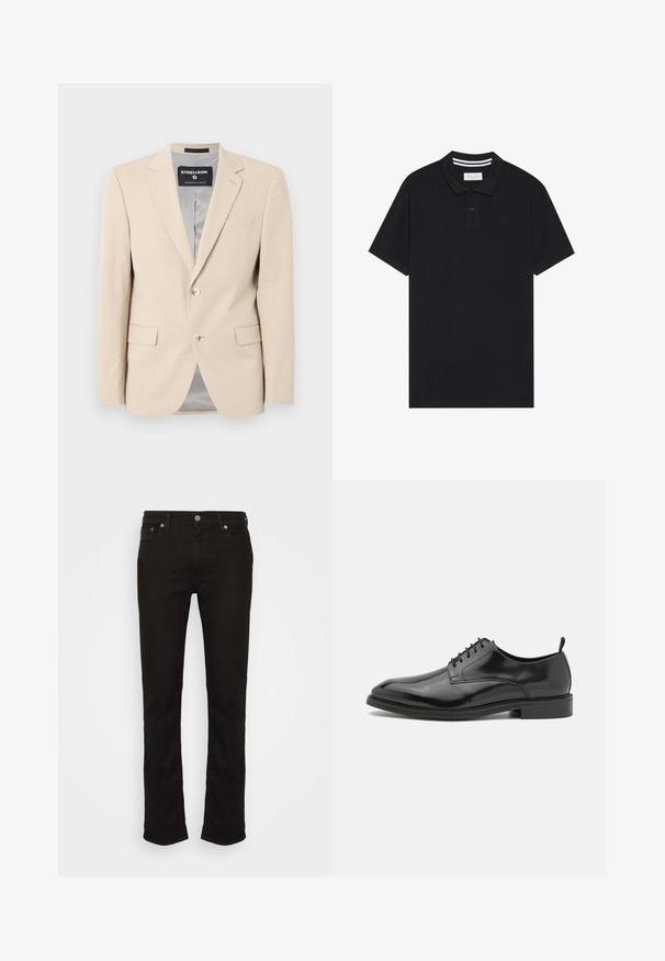 Beige blazer i blødt stof, to forlommer, klapkraver, enkelt knaplukning og en glat grå foring.; Sort polo skjorte lavet af bomuld, med en tre-knap lukning, korte ærmer og en kontrasterende stribet krave.; Sorte denim jeans med lige ben, der har et klassisk fem-lomme design, metal knaplukning og diskrete syninger.; Sorte lædersko med en glat overflade, rund tå og snørebåndsdesign. Har en lavprofil sort gummisål og en lille hæl.