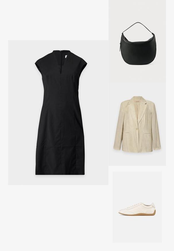 Beige blazer med tilspidset krave, enkelt knaplukning og to frontlommer. Struktureret stof med lodrette striber. Lange ærmer.; Sort knælængde kjole med korte ærmer og V-udskæring med skjult lynlås foran.; Hvid lædersneaker med en glat tekstur, rund tå og tonale syninger. Har en tanfarvet gummisål og snørebånds-lukning.; Sorte læder skuldertaske med en buet form og et enkelt håndtag. Overfladen har en struktureret finish og en lynlåslukning.