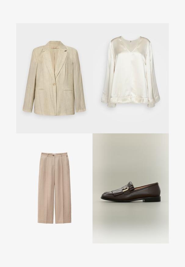 Beige blazer med tilspidset krave, enkelt knaplukning og to frontlommer. Struktureret stof med lodrette striber. Lange ærmer.; By Malene Birger EXCLUSIVE AVELAS - Bluse - pearl; Beige bukser med vide ben med forreste knap- og lynlåslukning, bæltestropper og sidelommer, lavet af tekstureret stof.; Mørkebrune læderloafer med frynsedetalje og guldbeslag på en neutral baggrund, sidevisning.