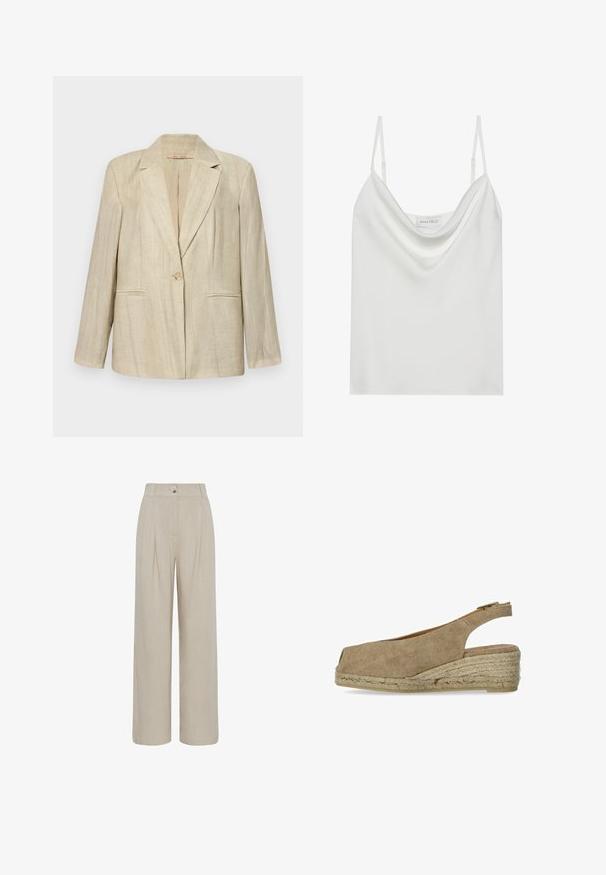 Beige blazer med tilspidset krave, enkelt knaplukning og to frontlommer. Struktureret stof med lodrette striber. Lange ærmer.; Hvid satin camisole med en draperet udskæring, tynde justerbare stropper og en lige afslutning. Mærket "ANNA FIELD" er synligt indeni.; Beige bukser med høj talje og vide bukseben, med for- læg, bæltestropper og knaplukning i taljen.; Castañer DOSALIA - Espadrilles - sand
