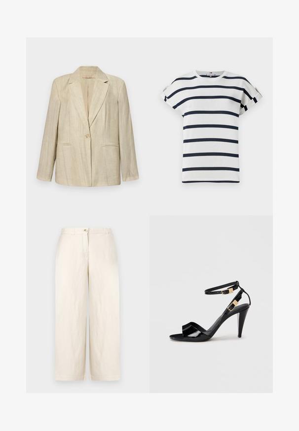 Beige blazer med tilspidset krave, enkelt knaplukning og to frontlommer. Struktureret stof med lodrette striber. Lange ærmer.; Hvid kortærmet t-shirt med marineblå vandrette striber, rund halsudskæring og oprullede ærmer. Blødt bomuldsstof med afslappet pasform.; Beige vidde bukser i letvægtsstof, med knaplukning, bæltestropper og rene kantede kanter. Glat tekstur og minimalistisk design.; Sorte patentlæder højhælede sandaler med dobbelte ankelremme og guldspænder, åben tå og slank taperet hæl på neutral baggrund.