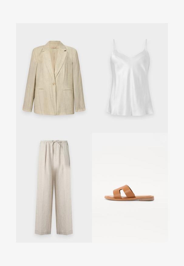 Beige blazer med tilspidset krave, enkelt knaplukning og to frontlommer. Struktureret stof med lodrette striber. Lange ærmer.; Hvid satin camisole top med tynde spaghetti-stropper og en V-formet udskæring, vist fladt på en neutral baggrund.; Lyse beige hørbukser med en afslappet pasform, der har en snøre i taljen og sidelommer for ekstra komfort og stil.; Brun læderslide sandal med flad sål, der har en bred strop med udsnit og en glat overflade. Simpelt og minimalistisk design.