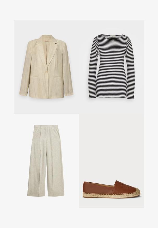 Beige blazer met een notch kraag, enkele knoopsluiting en twee frontzakken. Textured stof met verticale strepen. Lange mouwen.; Top met lange mouwen van katoen, met horizontale marineblauwe en witte strepen, ronde hals, strakke pasvorm, met een gladde textuur en minimalistisch ontwerp.; Beige linnen broek met wijde pijpen en een geplooide voorkant, met een hoge taille en strakke lijnen, perfect voor ademend comfort.; Bruine leren espadrille flats met een geweven jutesole, ronde neus en een reliëfdetail op het bovenwerk. Glad textuur met een samenhangend ontwerp.