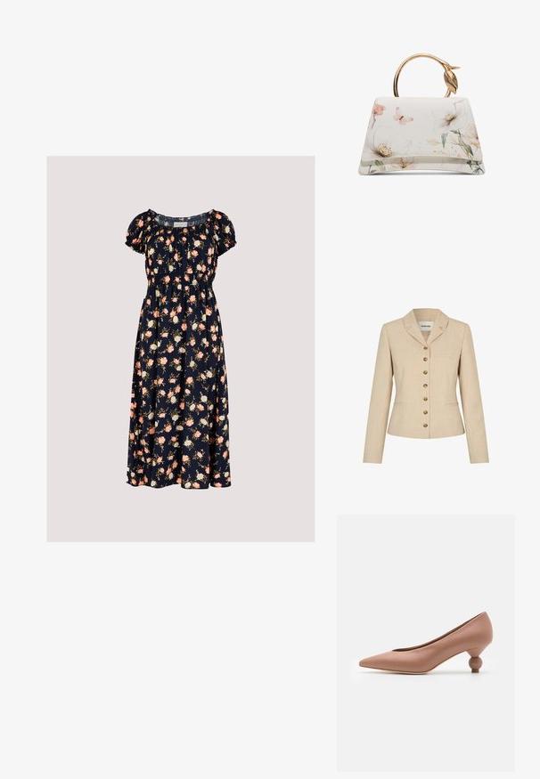 Beige blazer med skræddersyet pasform, med en slagkrave, seks knapper i guldfarvet metal og to sidelommer. Struktureret stof.; Apricot VINTAGE ROSE - Hverdagskjole - navy; Weekend Max Mara RENZA - Pumps - nudo; Hvid håndtaske med blomstermønster og sommerfugleprint, trapezformet og med gyldt rundt håndtag med bladdetalje.