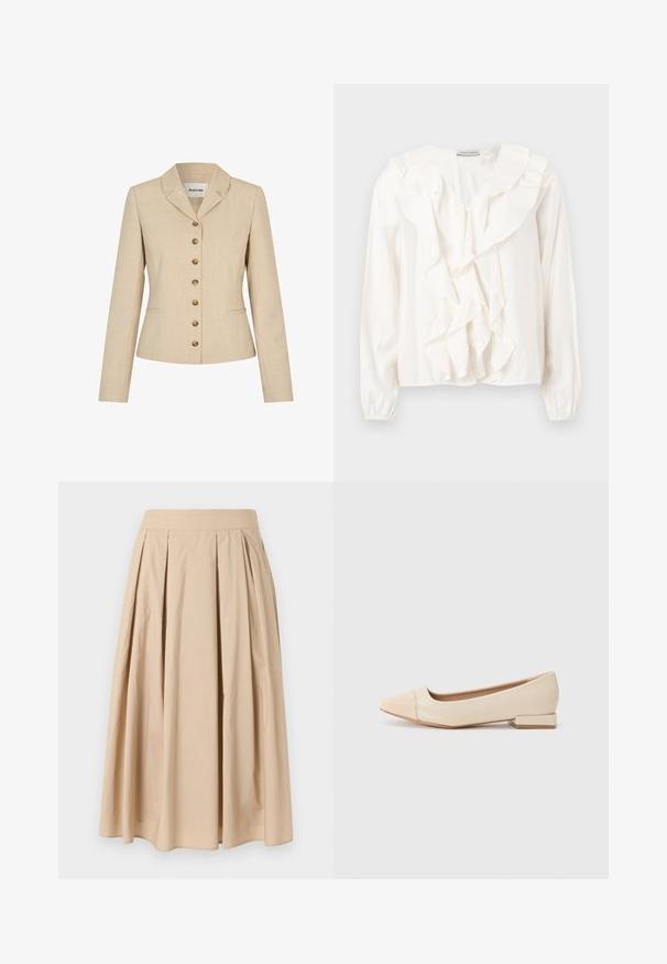 Blazer beige ajusté, avec un col à revers, six boutons dorés et deux poches latérales. Tissu texturé.; Blouse blanche avec un devant à volants, tissu doux, manches longues et fermetures à boutons. Présente un col structuré et des poignets froncés.; Jupe plissée beige, longueur au genou, avec une large ceinture, réalisée en tissu léger, présentée sur un fond blanc uni.; Chaussure plate en cuir verni beige à bout pointu, avec un capuchon brillant contrastant à l'avant et un petit talon bloc rectangulaire.