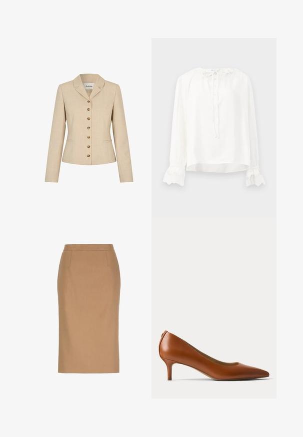 Beige blazer med skræddersyet pasform, med en slagkrave, seks knapper i guldfarvet metal og to sidelommer. Struktureret stof.; Hvid langærmet bluse lavet af glat stof, med rund halsudskæring, knaplukning og blondebesatte håndled. Justeres med et bånd ved halsen.; Beige knælængde blyantsnederdel med høj talje og subtile sømdetaljer foran.; Brun læder pump med lav hæl og spids tå vist fra siden på en ensartet lys baggrund.