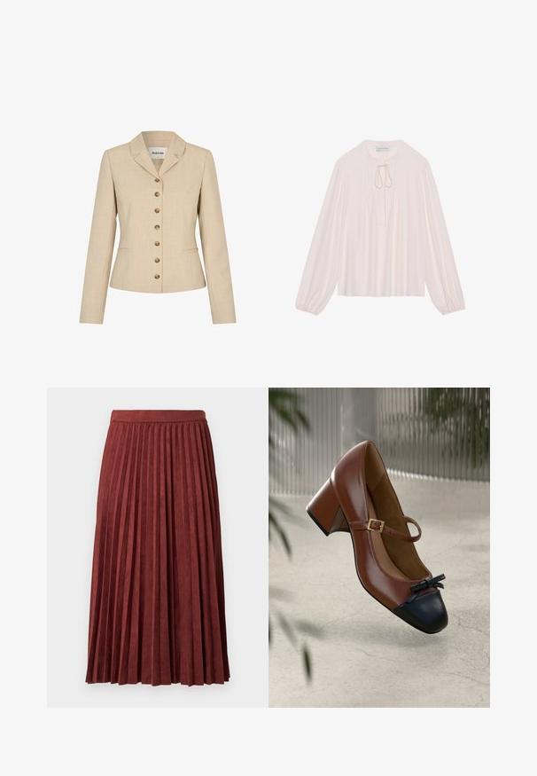 Blazer beige ajusté, avec un col à revers, six boutons dorés et deux poches latérales. Tissu texturé.; Blouse rose pâle à manches longues avec un nœud en keyhole, un devant plissé et des poignets froncés. Tissu lisse, coupe décontractée et design minimaliste.; Jupe midi plissée bordeaux en tissu doux, présentant des plis verticaux et une taille ajustée. Texture lisse avec une couleur unie.; Talons Mary Jane en cuir marron avec bout noir, nœud noir, bride à boucle dorée et talon bloc sur un sol clair texturé.