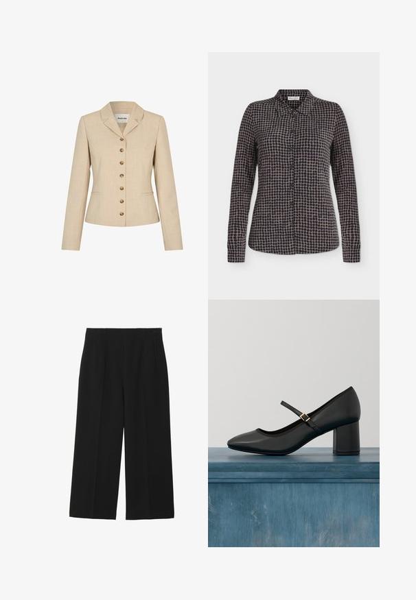 Beige blazer met een getailleerde pasvorm, voorzien van een reverskraag, zes vergulde knopen en twee zijzakken. Gemêleerde stof.; Overhemd met lange mouwen en knopen, met zwart- en grijs polkadotpatroon en puntige kraag, afgebeeld op een witte achtergrond.; Zwarte wijde broek gemaakt van een gladde stof, met twee voorkruiszakken, een vlakke voorkant en een ritssluiting aan de zijkant.; Zwarte Mary Jane-schoen met blokhak en gouden gesp, zwevend boven een gladde betonnen vloer in een minimalistische binnenomgeving.