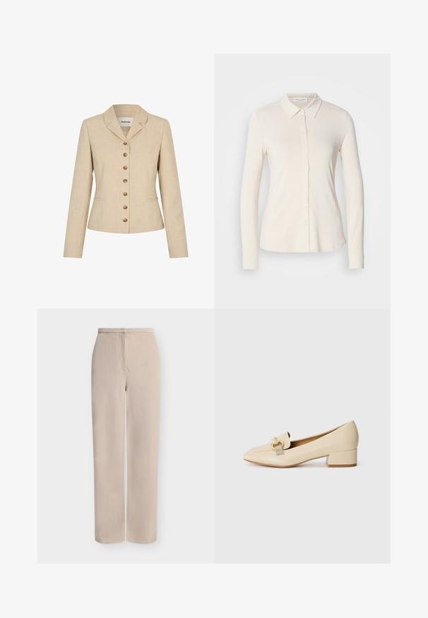 Blazer beige ajusté, avec un col à revers, six boutons dorés et deux poches latérales. Tissu texturé.; Chemise à manches longues boutonnée en crème clair, en tissu lisse. Dotée d'un col classique et de boutons à l'avant. Design simple et ajusté.; Pantalon beige à jambes larges en tissu texturé, avec une couture frontale et une taille simple sans ornements.; Mocassins en cuir beige avec un petit talon, dotés d'un bout arrondi et d'une sangle décorative avec une boucle dorée. Fini lisse et brillant.