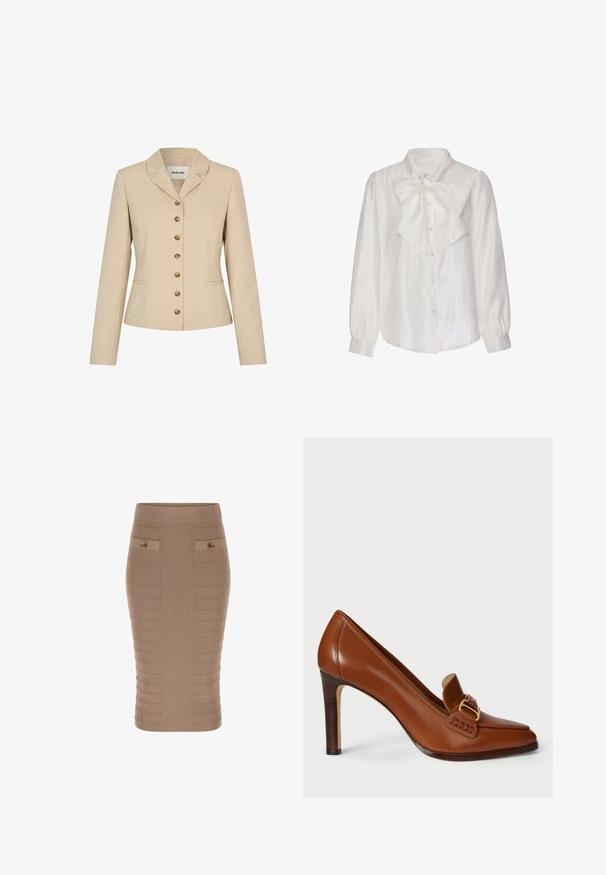 Beige blazer med skræddersyet pasform, med en slagkrave, seks knapper i guldfarvet metal og to sidelommer. Struktureret stof.; Langærmet hvid satinbluse med perleknapper og stor dekorativ sløjfe bundet ved kraven, tætsiddende manchetter.; Beige ribbet blyantskørt med en tætsiddende silhuet, tekstureret mønster, to forlommer og guldknappedetaljer. Fremstillet af et strækbart materiale.; Brun læder højhælede sko med spids tå, der har et dekorativt bånd og guldfarvet metaldele langs vamps. Glat tekstur.
