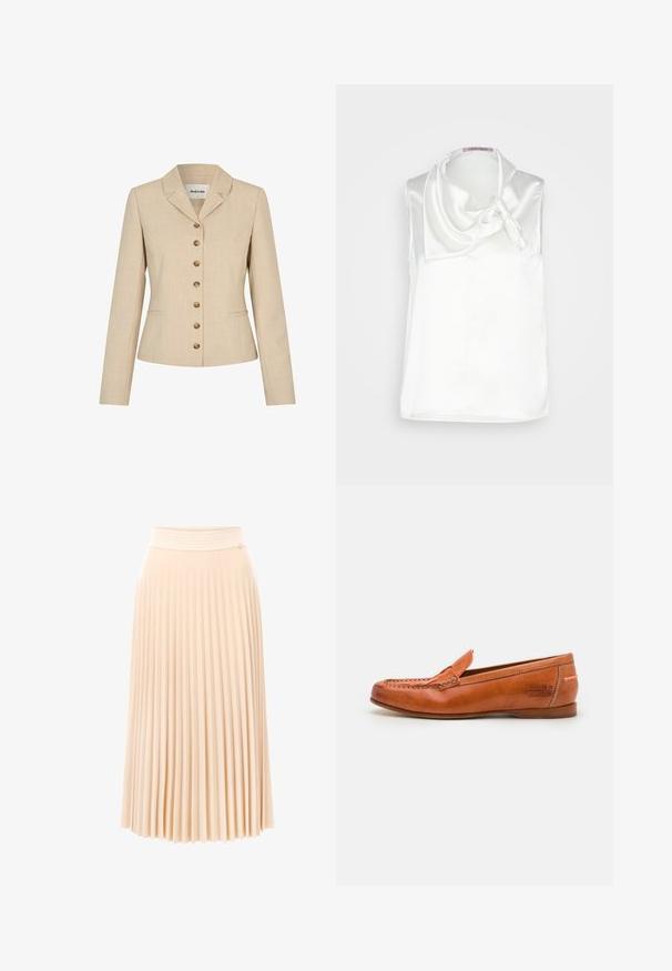 Beige blazer med skræddersyet pasform, med en slagkrave, seks knapper i guldfarvet metal og to sidelommer. Struktureret stof.; Anna Field Bluse - white; Plisseret midinederdel i blødt ferskenstof. Har en tekstureret taljebånd og et flydende design med lodrette folder. Glat, let materiale.; Brune læder loafers med en syet overdel, en dekorativ frontklap, flad sål og præget mærkelogo på siden.