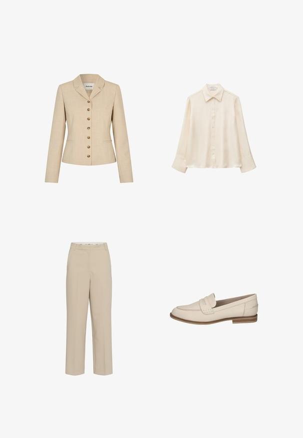 Beige blazer met een getailleerde pasvorm, voorzien van een reverskraag, zes vergulde knopen en twee zijzakken. Gemêleerde stof.; Crèmekleurige zijden blouse met lange mouwen, puntkraag en knoopsluiting aan de voorkant, weergegeven op een effen witte achtergrond. Geen zichtbare patronen of ontwerpen.; Beige straight leg tailored trousers met riemlussen en een verborgen sluiting aan de voorkant, weergegeven op een witte achtergrond.; Lichtbeige lederen loafers met een lichte hak, voorzien van een gestikte accent en een gladde afwerking. Ontworpen met een klassieke insteekvorm.