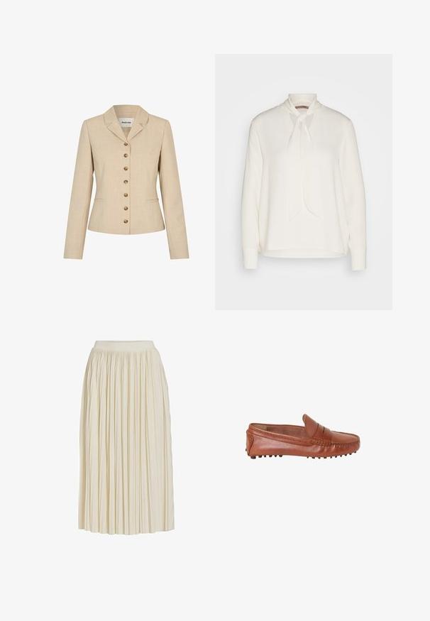 Beige blazer med skræddersyet pasform, med en slagkrave, seks knapper i guldfarvet metal og to sidelommer. Struktureret stof.; Hvid langærmet skjorte med bindebånd ved halsen, der har en glat overflade og en afslappet pasform. Enkel og elegant uden yderligere mønstre.; Midinederdel i cremelignende farve med smalle lodrette folder og en tætsiddende talje, vist på en ensfarvet hvid baggrund.; Brun læder slip-on loafer med pennyremdetail og gummidupper på sålen for greb, vist fra siden.
