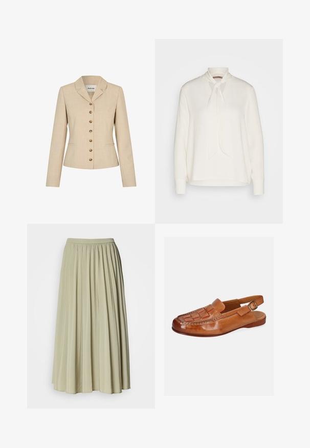 Beige blazer med skræddersyet pasform, med en slagkrave, seks knapper i guldfarvet metal og to sidelommer. Struktureret stof.; Hvid langærmet skjorte med bindebånd ved halsen, der har en glat overflade og en afslappet pasform. Enkel og elegant uden yderligere mønstre.; Plisseret lang nederdel i et blødt, lyst grønt stof. Har en elastisk talje og et flydende design med ensartede plisseringer over hele nederdelen.; Brun læder slingback loafers med vævet frontmønster og en guldbøjle på ankelstroppen, flad sål.