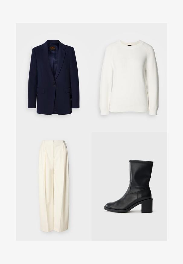 Blazer bleu marine en tissu lisse, doté d'une fermeture à un bouton, de revers crantés, de deux poches avant et d'une doublure intérieure.; Pull en maille blanc à manches longues avec col rond et poignets et ourlet côtelés, présenté sur un fond clair uni.; Pantalon crème à taille haute et jambes larges avec plis devant, fermeture éclair avant dissimulée et passants pour ceinture.; Botte en cuir noir à cheville avec un bout rond, texture lisse et un talon épais, présentant un tige ajustée et un subtil détail de couture.
