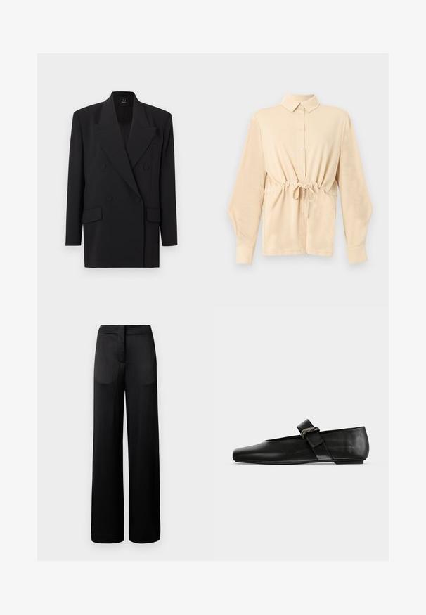 Blazer noir croisé avec revers à encoche, poches latérales et tissu texturé. Il comporte deux boutons et des manches longues.; Chemise beige à manches longues avec col, boutons sur le devant et cordon de serrage à la taille, présentée sur un fond gris clair uni.; Pantalons noirs à jambes larges avec une surface texturée, dotés d'une taille plate et de deux poches latérales. Le tissu semble léger et fluide.; Chaussure plate en cuir noir avec un bout arrondi et une bride ornée d'une boucle métallique sur le cou-de-pied.