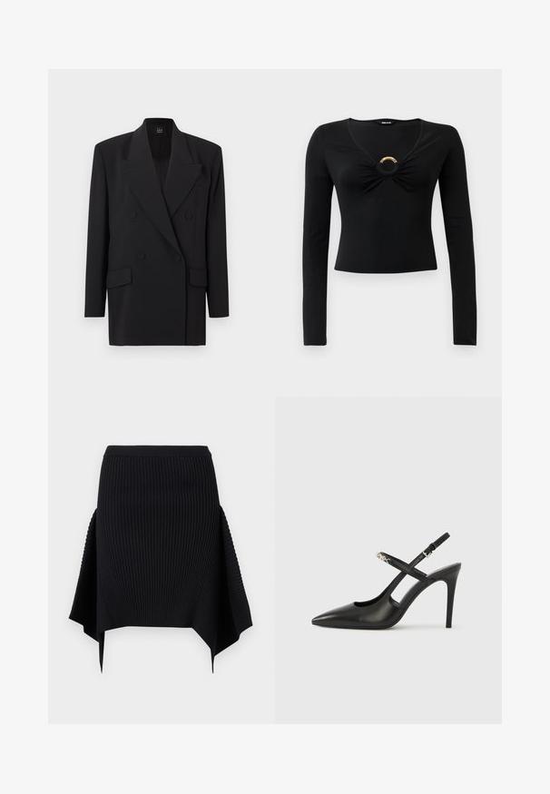 Blazer noir croisé avec revers à encoche, poches latérales et tissu texturé. Il comporte deux boutons et des manches longues.; Haut noir à manches longues avec un décolleté en V, doté de tissu froncé au niveau de la poitrine et d'un accent métallique rond au centre. Matière douce et extensible.; Jupe noire en maille côtelée avec ourlet en mouchoir asymétrique et taille cintrée, sur fond blanc uni.; Escarpins slingback en cuir noir avec bout pointu, design ajouré et bride ajustable ornée de ferrures métalliques.