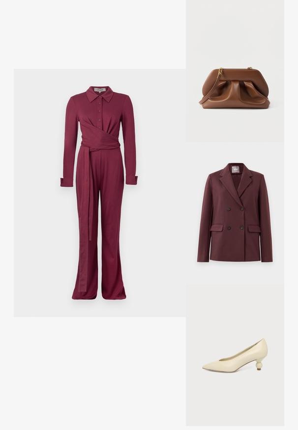 Double-breasted donker bordeaux blazer met notch revers, vier knopen en klepzakken op een effen witte achtergrond.; Bordeaux lange mouwen jumpsuit met een kraaghals, knoopsluiting, wikkelontwerp en wijde benen. Zacht, gestructureerd materiaal.; Dames schoen in roomkleur met een puntige neus en een lage, ronde balvormige hak op een effen achtergrond.; Bruine leren clutch met een geplooid ontwerp, goudkleurige hardware en afneembare polsband, op een witte achtergrond.