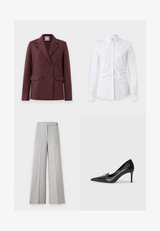 Blazer burdeos oscuro de doble botonadura con solapas muescadas, cuatro botones y bolsillos de solapa sobre un fondo blanco liso.; Camisa blanca de manga larga con botones y cuello, tela ligeramente arrugada y una etiqueta de marca visible dentro del cuello.; Pantalones de pierna ancha en gris claro con una textura suave, que presentan una cinturilla entallada y un pliegue frontal para un aspecto pulido.; Zapato de piel negra con punta afilada, escote bajo y un detalle decorativo dorado. Cuenta con un tacón de aguja y textura suave.