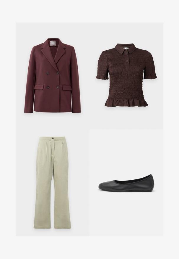 Double-breasted donker bordeaux blazer met notch revers, vier knopen en klepzakken op een effen witte achtergrond.; Bruine blouse met korte mouwen van gestructureerde geplooide stof, twee knopenlijst, geplooide zoom en een klassieke kraag.; Lichtgroene wijde broek van zacht materiaal, met een knoopsluiting aan de voorkant, plooien en een nette zoom.; Zwarte leren ballerina met een ronde neus, gladde textuur, minimale stikdetails en een flexibele zoolontwerp.