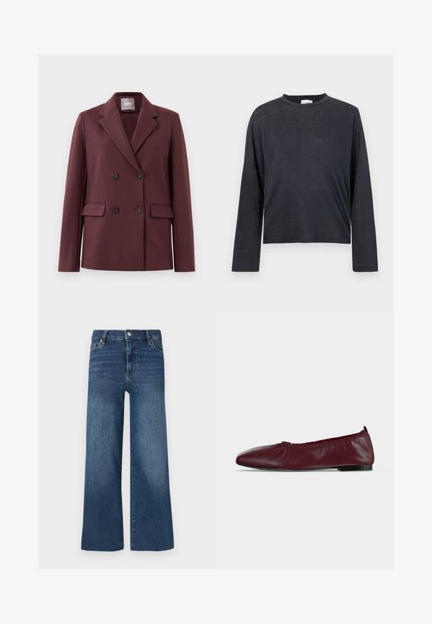 Double-breasted donker bordeaux blazer met notch revers, vier knopen en klepzakken op een effen witte achtergrond.; Donkergrijze, lange mouwen, cropped t-shirt gemaakt van een lichtgewicht, licht textuurstof. Beschikt over een ronde halslijn en een losse pasvorm.; Wijde spijkerbroeken met een medium blauwe wassing, voorzien van een knoop- en ritssluiting, vijf zakken en subtiele stiksel details.; Bordeauxrode leren ballerina met geplooide elastische bovenrand en dunne zwarte zool op witte achtergrond.