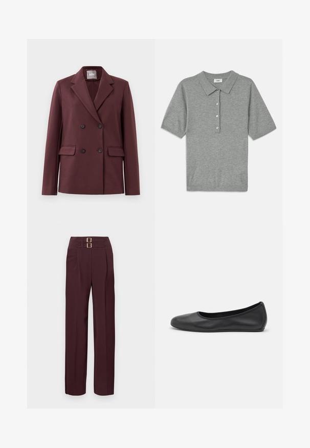 Double-breasted donker bordeaux blazer met notch revers, vier knopen en klepzakken op een effen witte achtergrond.; Grijze polo shirt gemaakt van zacht, textuurstof, met een kraag, korte mouwen en een knoopsluiting met vier knopen.; Donkere bordeauxrode broek met hoge taille, twee gouden gespsluitingen aan de bovenkant en een rechte pijp.; Zwarte leren ballerina met een ronde neus, gladde textuur, minimale stikdetails en een flexibele zoolontwerp.