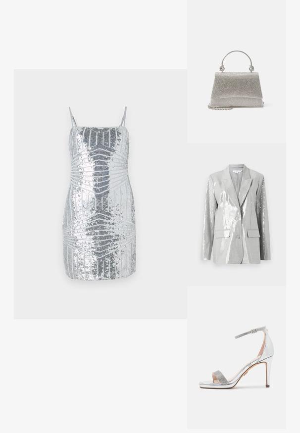 Good American Blazer - grey; Robe mini en sequins argentés avec des bretelles fines, présentant un motif géométrique dans des nuances variées de gris, créant un effet visuel texturé.; Sandale à talons hauts en argent avec un dessus en vernis brillant, une sangle en strass texturée, une sangle de cheville ajustable et un design à bout ouvert carré.; ALDO FELISIA - Sac à main - silver-coloured