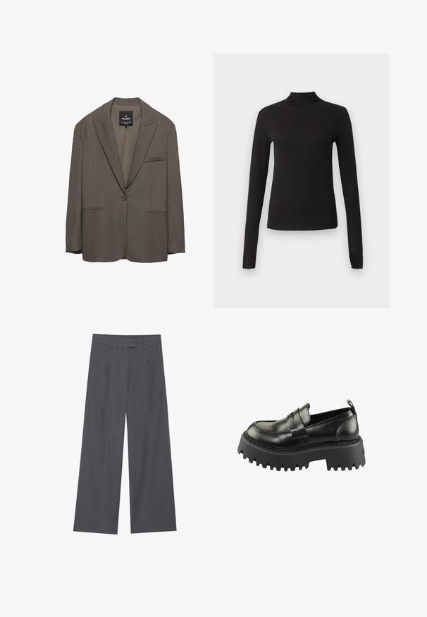 Blazer marron à un bouton avec revers crantés, deux poches à passepoil à l'avant et une poche poitrine, fabriqué par Pull&Bear.; Haut noir ajusté à manches longues avec col montant, présenté sur un fond gris clair uni.; Pantalons larges gris avec une texture lisse, présentant un design plissé à l'avant et une taille standard pour un ajustement confortable.; Mocassins en cuir noir avec une semelle en caoutchouc noir épaisse et texturée. Présentent un bout rond et une sangle décorative sur le coup de pied.