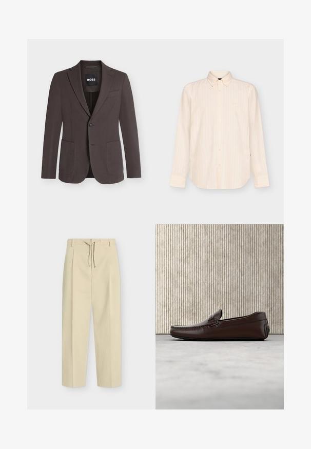 Blazer marron foncé à simple boutonnage avec revers crantés, deux poches plaquées devant, une poche poitrine et fermeture à boutons, étiquette BOSS à l'intérieur du col.; Chemise beige à manches longues boutonnée avec des rayures verticales subtiles et un col classique, présentée sur un fond clair uni.; Pantalon beige droit avec passants pour ceinture et nouage à l'avant, présentant un design épuré et ajusté ainsi qu'un tissu texturé.; Mocassins en cuir marron avec une finition lisse, des coutures de style mocassin, un bout rehaussé et une semelle en caoutchouc basse et flexible.