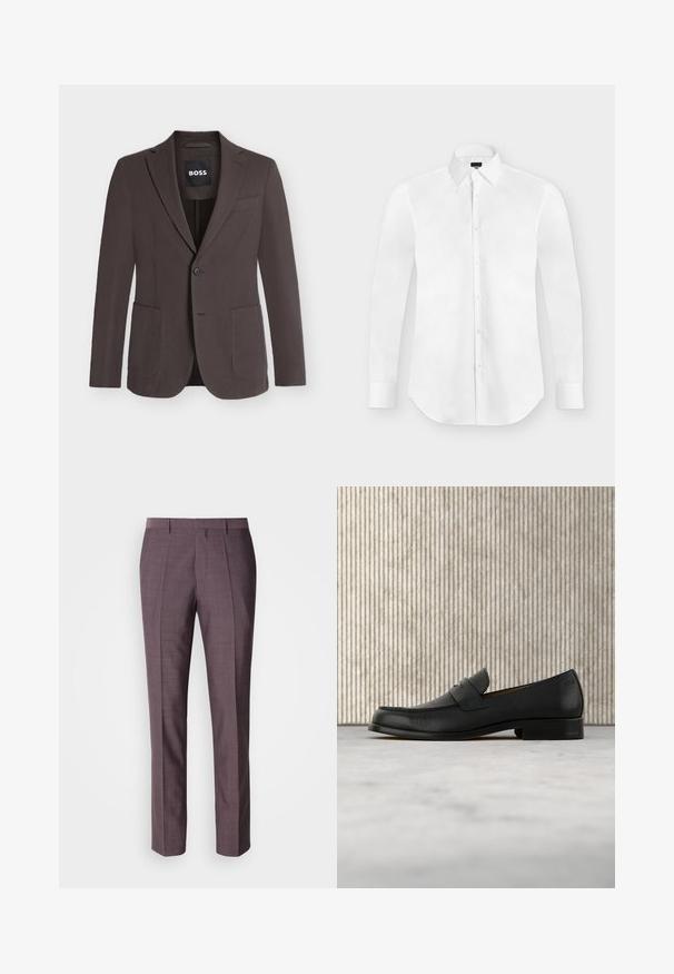 Blazer marron foncé à simple boutonnage avec revers crantés, deux poches plaquées devant, une poche poitrine et fermeture à boutons, étiquette BOSS à l'intérieur du col.; Chemise blanche à manches longues avec boutons et col pointu, posée à plat sur un fond gris clair.; Pantalons sur mesure pour hommes dans une teinte violette douce, présentant une texture lisse, une coupe droite et des plis avant pour un détail supplémentaire.; Mocassin en cuir noir flottant au-dessus d'un tapis beige avec une table ronde brune brillante en arrière-plan.