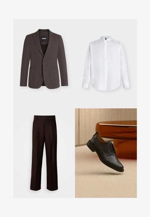 Blazer marron foncé à simple boutonnage avec revers crantés, deux poches plaquées devant, une poche poitrine et fermeture à boutons, étiquette BOSS à l'intérieur du col.; Chemise blanche à manches longues avec boutons et col classique, présentée à plat sur un fond clair.; Pantalons marron ajustés avec une coupe droite, présentant un pli avant, une texture lisse et une taille classique. Adaptés pour les occasions formelles.; Chaussure habillée pour homme en cuir noir à lacets flottant au-dessus d'un tapis beige, avec une table basse ronde marron en arrière-plan.